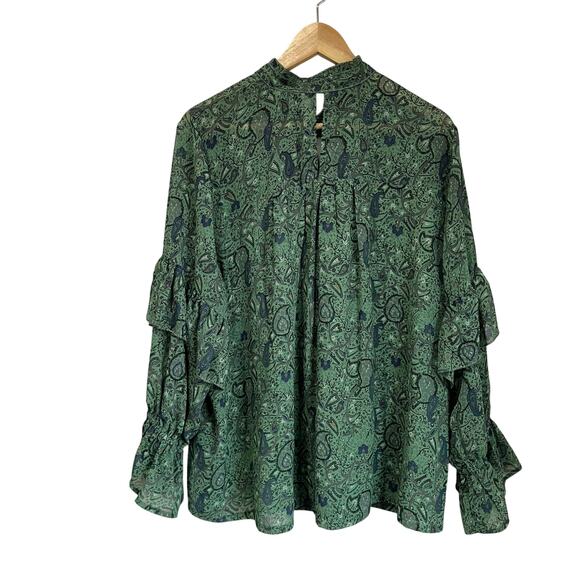 Lucky Brand Blouse 2X Green Paisley Ruffle Sleeve Boho Peasant Top Flowy - Picture 2 of 11